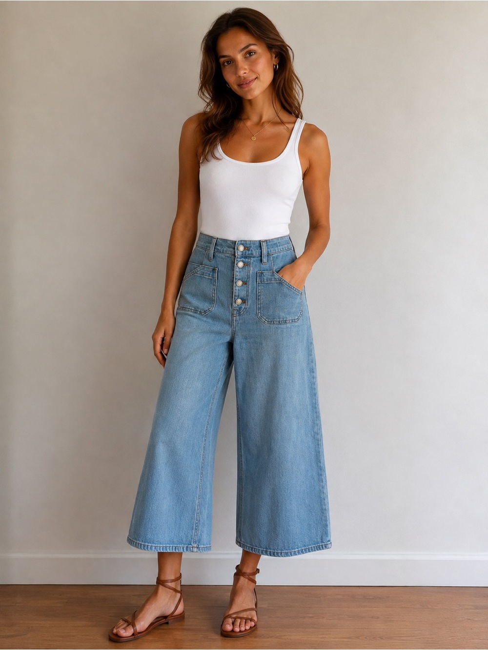 Button-Front High-Rise Wide-Leg Crop Jeans - Light Blue